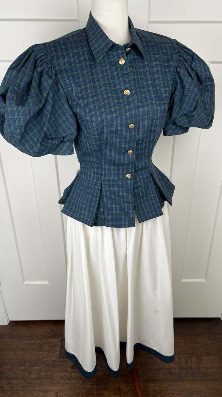 Vintage 80s Leslie Lucks Tartan Plaid Puff Sleeve Peplum Blouse Skirt Set XS - Picture 13 of 16
